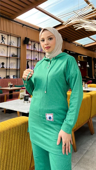 Kapşonlu Çıtçıtlı Sade Basic İkili Eşofman Spor Takımı - 03036.111 - Beneton Yeşil - Resim 4