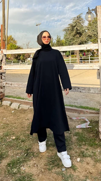 O Yaka Yırtmançlı Uzun Geniş Rahat Tunik Pantolon Sade Basic Spor Takımı - 03040.003 - Siyah ürün görseli