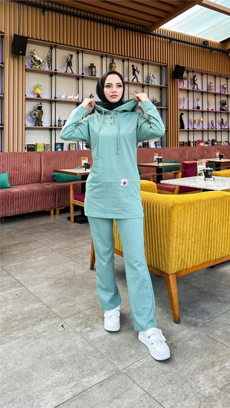 Kapşonlu Çıtçıtlı Sade Basic İkili Eşofman Spor Takımı - 03036.100 - Çağla Yeşili - Resim 8
