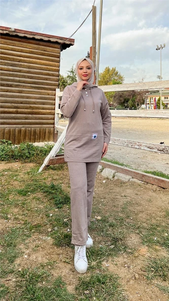 Kapşonlu Çıtçıtlı Sade Basic İkili Eşofman Spor Takımı - 03036.016 - Vizon - 10