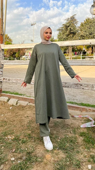 O Yaka Yırtmançlı Uzun Geniş Rahat Tunik Pantolon Sade Basic Spor Takımı - 03040.005 - Haki