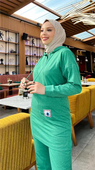 Kapşonlu Çıtçıtlı Sade Basic İkili Eşofman Spor Takımı - 03036.111 - Beneton Yeşil - Resim 5