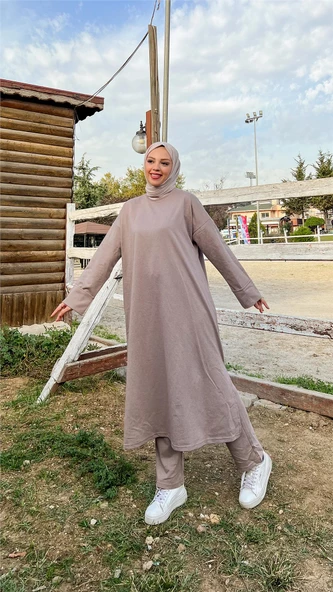 O Yaka Yırtmançlı Uzun Geniş Rahat Tunik Pantolon Sade Basic Spor Takımı - 03040.016 - Vizon - 4