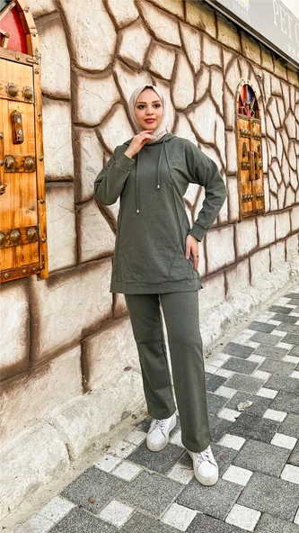 Kapşonlu O Yaka Sade Basic İkili Eşofman Spor Takımı - 03039.005 - Haki - Resim 3