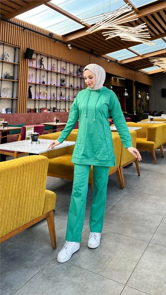Kapşonlu O Yaka Sade Basic İkili Eşofman Spor Takımı - 03039.111 - Beneton Yeşil - Resim 4
