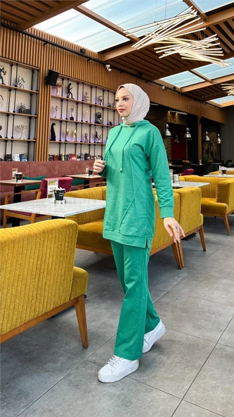 Kapşonlu O Yaka Sade Basic İkili Eşofman Spor Takımı - 03039.111 - Beneton Yeşil - Resim 6
