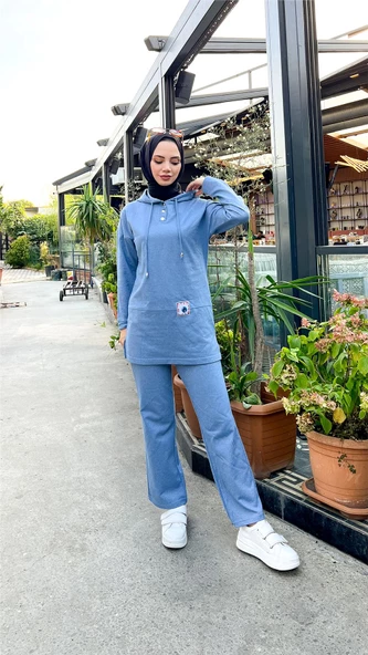 Kapşonlu Çıtçıtlı Sade Basic İkili Eşofman Spor Takımı - 03036.004 - Mavi - 4