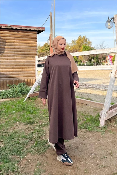 O Yaka Yırtmançlı Uzun Geniş Rahat Tunik Pantolon Sade Basic Spor Takımı - 03040.028 - Kahverengi - Resim 6