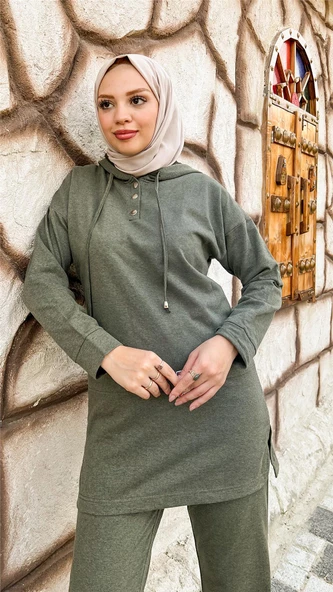Kapşonlu Çıtçıtlı Sade Basic İkili Eşofman Spor Takımı - 03036.005 - Haki - 5