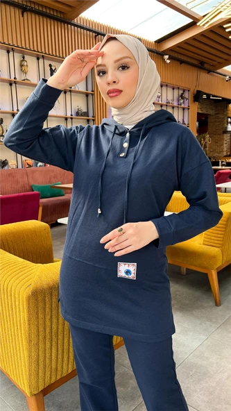 Kapşonlu Çıtçıtlı Sade Basic İkili Eşofman Spor Takımı - 03036.015 - Lacivert - Resim 10