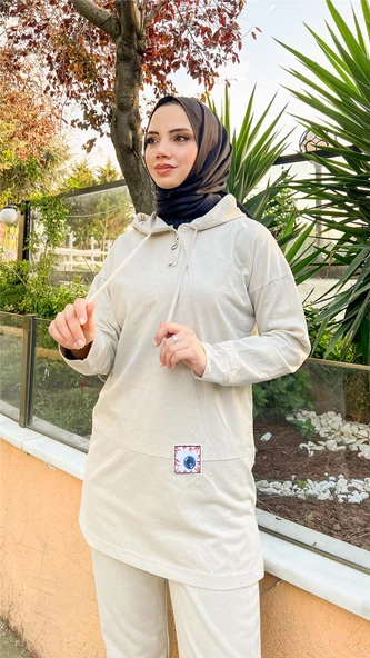 Kapşonlu Çıtçıtlı Sade Basic İkili Eşofman Spor Takımı - 03036.027 - Ekru - 6