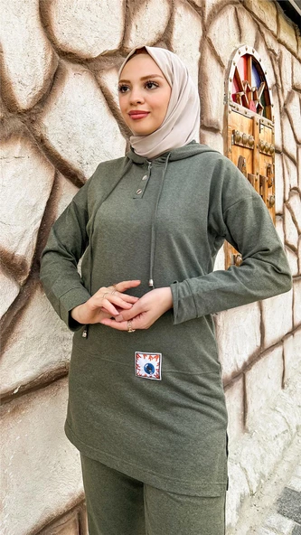 Kapşonlu Çıtçıtlı Sade Basic İkili Eşofman Spor Takımı - 03036.005 - Haki - 6