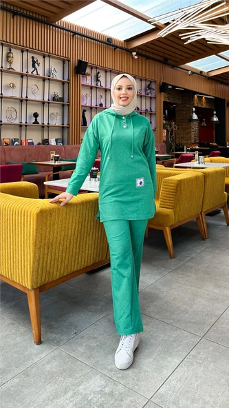 Kapşonlu Çıtçıtlı Sade Basic İkili Eşofman Spor Takımı - 03036.111 - Beneton Yeşil ürün görseli