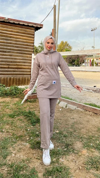 Kapşonlu Çıtçıtlı Sade Basic İkili Eşofman Spor Takımı - 03036.016 - Vizon - 11
