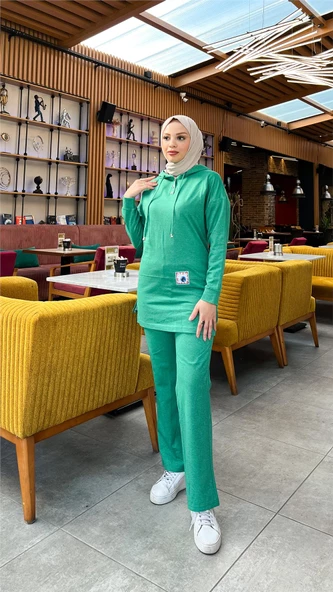 Kapşonlu Çıtçıtlı Sade Basic İkili Eşofman Spor Takımı - 03036.111 - Beneton Yeşil - Resim 3