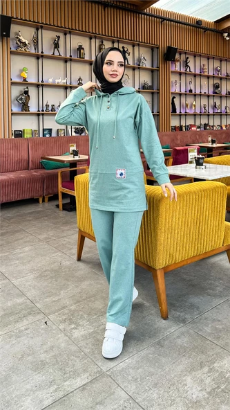Kapşonlu Çıtçıtlı Sade Basic İkili Eşofman Spor Takımı - 03036.100 - Çağla Yeşili - Resim 6