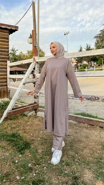 O Yaka Yırtmançlı Uzun Geniş Rahat Tunik Pantolon Sade Basic Spor Takımı - 03040.016 - Vizon - 3