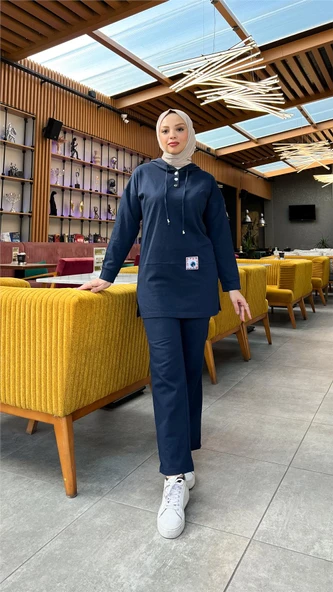Kapşonlu Çıtçıtlı Sade Basic İkili Eşofman Spor Takımı - 03036.015 - Lacivert - Resim 5