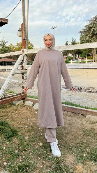 O Yaka Yırtmançlı Uzun Geniş Rahat Tunik Pantolon Sade Basic Spor Takımı - 03040.016 - Vizon