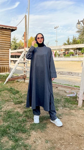 O Yaka Yırtmançlı Uzun Geniş Rahat Tunik Pantolon Sade Basic Spor Takımı - 03040.017 - Antrasit - 6