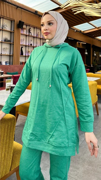 Kapşonlu O Yaka Sade Basic İkili Eşofman Spor Takımı - 03039.111 - Beneton Yeşil - Resim 9