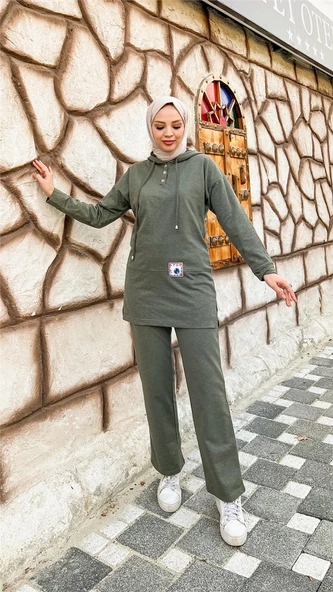 Kapşonlu Çıtçıtlı Sade Basic İkili Eşofman Spor Takımı - 03036.005 - Haki - 3