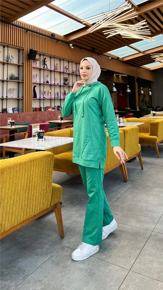 Kapşonlu O Yaka Sade Basic İkili Eşofman Spor Takımı - 03039.111 - Beneton Yeşil - Resim 7