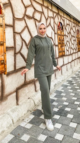 Kapşonlu O Yaka Sade Basic İkili Eşofman Spor Takımı - 03039.005 - Haki ürün görseli