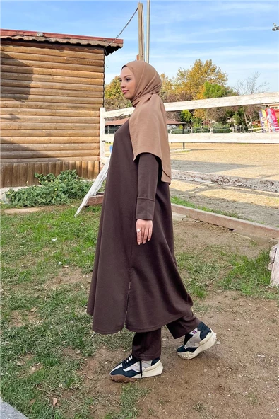 O Yaka Yırtmançlı Uzun Geniş Rahat Tunik Pantolon Sade Basic Spor Takımı - 03040.028 - Kahverengi - Resim 3