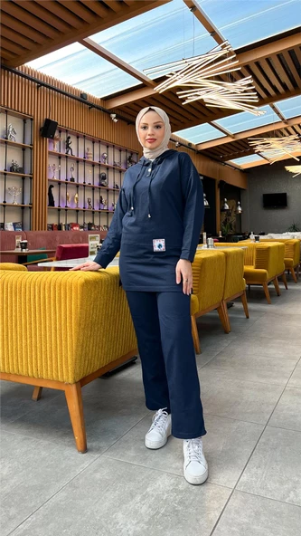 Kapşonlu Çıtçıtlı Sade Basic İkili Eşofman Spor Takımı - 03036.015 - Lacivert - Resim 3