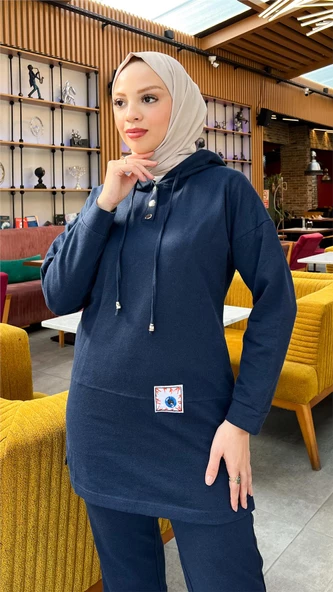 Kapşonlu Çıtçıtlı Sade Basic İkili Eşofman Spor Takımı - 03036.015 - Lacivert - Resim 9