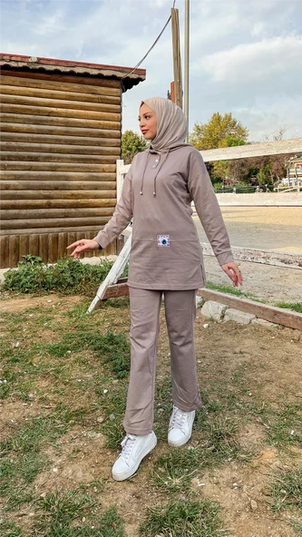 Kapşonlu Çıtçıtlı Sade Basic İkili Eşofman Spor Takımı - 03036.016 - Vizon - 6