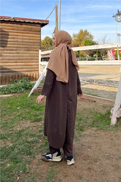 O Yaka Yırtmançlı Uzun Geniş Rahat Tunik Pantolon Sade Basic Spor Takımı - 03040.028 - Kahverengi - Resim 4