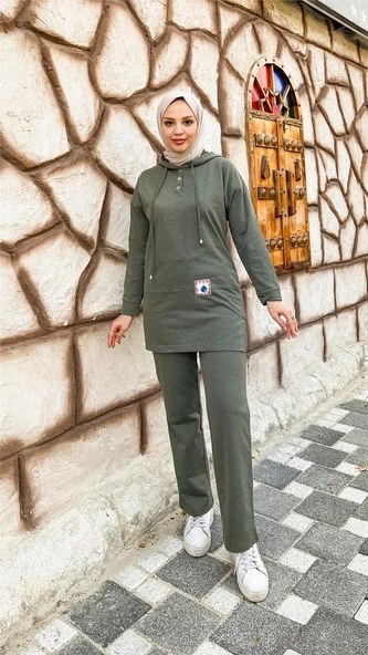 Kapşonlu Çıtçıtlı Sade Basic İkili Eşofman Spor Takımı - 03036.005 - Haki