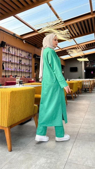 O Yaka Yırtmançlı Uzun Geniş Rahat Tunik Pantolon Sade Basic Spor Takımı - 03040.111 - Beneton Yeşil - Resim 5