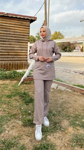 Kapşonlu Çıtçıtlı Sade Basic İkili Eşofman Spor Takımı - 03036.016 - Vizon - 2