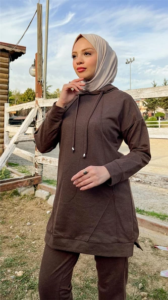 Kapşonlu O Yaka Sade Basic İkili Eşofman Spor Takımı - 03039.028 - Kahverengi - 6