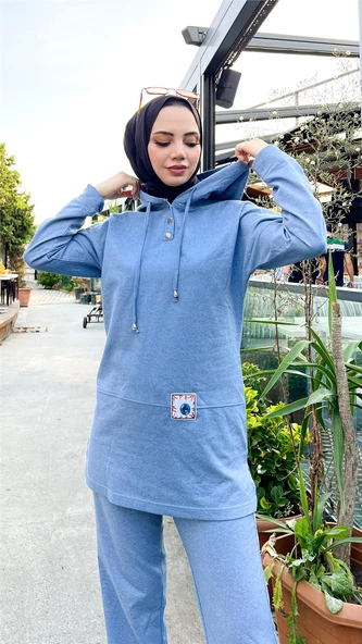 Kapşonlu Çıtçıtlı Sade Basic İkili Eşofman Spor Takımı - 03036.004 - Mavi - 5