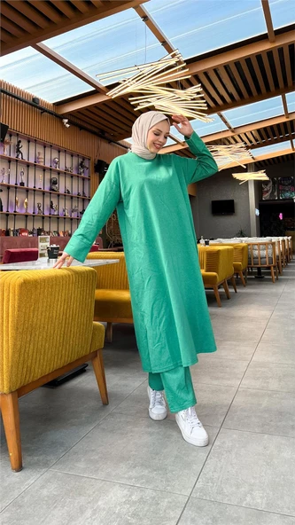 O Yaka Yırtmançlı Uzun Geniş Rahat Tunik Pantolon Sade Basic Spor Takımı - 03040.111 - Beneton Yeşil - Resim 6