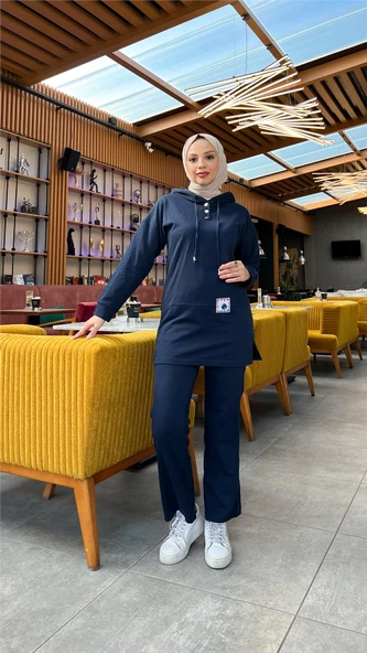 Kapşonlu Çıtçıtlı Sade Basic İkili Eşofman Spor Takımı - 03036.015 - Lacivert ürün görseli
