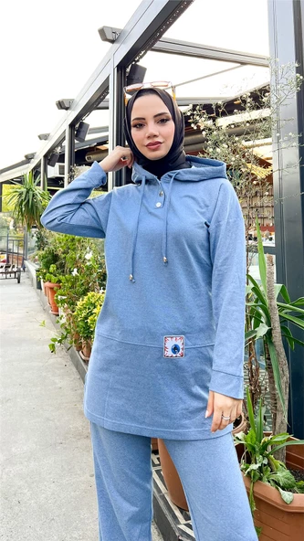 Kapşonlu Çıtçıtlı Sade Basic İkili Eşofman Spor Takımı - 03036.004 - Mavi - 6