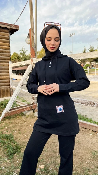 Kapşonlu Çıtçıtlı Sade Basic İkili Eşofman Spor Takımı - 03036.003 - Siyah - 8