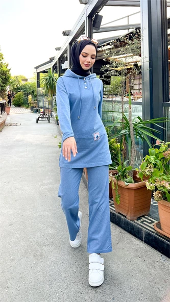 Kapşonlu Çıtçıtlı Sade Basic İkili Eşofman Spor Takımı - 03036.004 - Mavi - 2