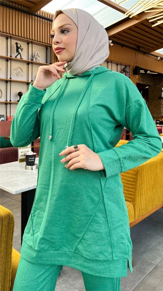 Kapşonlu O Yaka Sade Basic İkili Eşofman Spor Takımı - 03039.111 - Beneton Yeşil - Resim 2