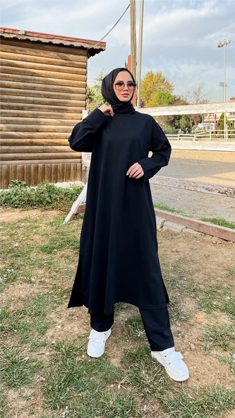 O Yaka Yırtmançlı Uzun Geniş Rahat Tunik Pantolon Sade Basic Spor Takımı - 03040.003 - Siyah - Resim 2