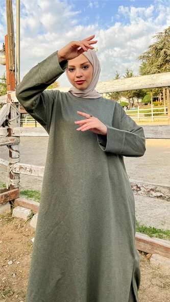 O Yaka Yırtmançlı Uzun Geniş Rahat Tunik Pantolon Sade Basic Spor Takımı - 03040.005 - Haki - 5