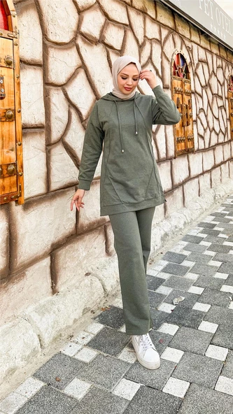 Kapşonlu O Yaka Sade Basic İkili Eşofman Spor Takımı - 03039.005 - Haki - Resim 4