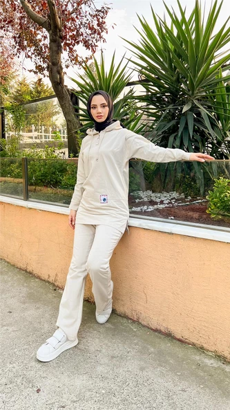 Kapşonlu Çıtçıtlı Sade Basic İkili Eşofman Spor Takımı - 03036.027 - Ekru - 5