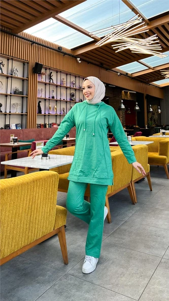 Kapşonlu O Yaka Sade Basic İkili Eşofman Spor Takımı - 03039.111 - Beneton Yeşil - Resim 5