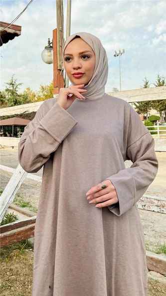 O Yaka Yırtmançlı Uzun Geniş Rahat Tunik Pantolon Sade Basic Spor Takımı - 03040.016 - Vizon - 6